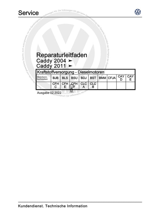 Caddy (2004 - 2010) Caddy-Caddy Kombi Reparaturanleitung Kraftstoffversorgung - Dieselmotoren