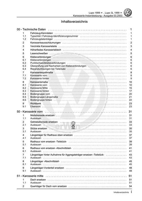 Lupo (1998 - 2006) Reparaturanleitung Karosserie-Instandsetzung
