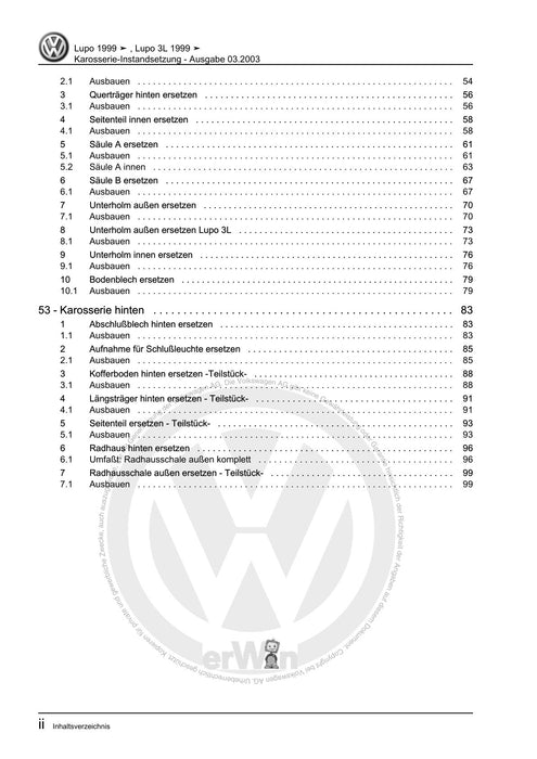 Lupo (1998 - 2006) Reparaturanleitung Karosserie-Instandsetzung