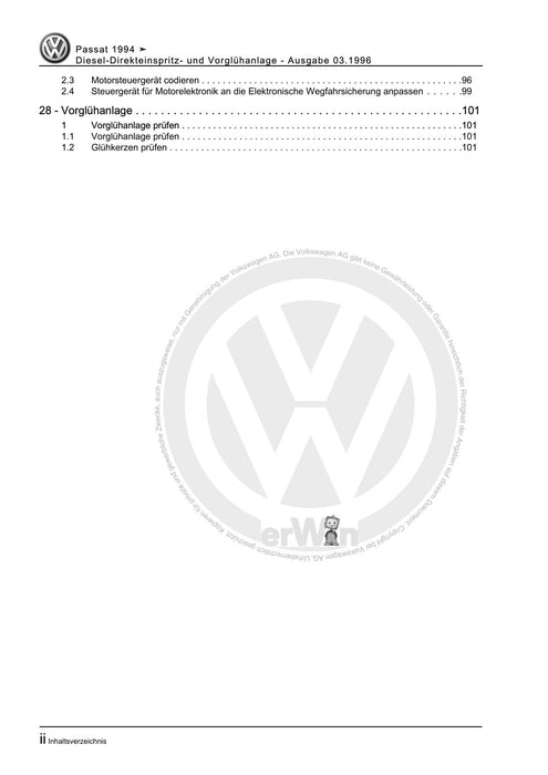 Passat (1994 - 1997) Passat-Passat Variant Reparaturanleitung Diesel-Direkteinspritz- und Vorglühanlage