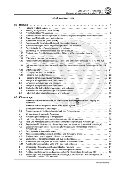 Jetta (2014+) Reparaturanleitung Heizung, Klimaanlage