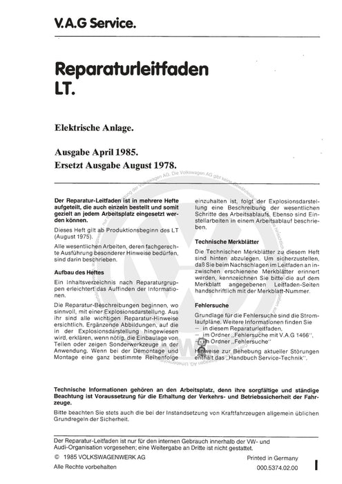 LT (1975 - 1996) Reparaturanleitung Elektrische Anlage
