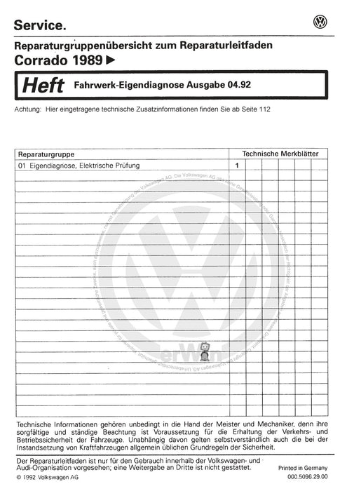 Corrado (1988 - 1995) Reparaturanleitung Fahrwerk Eigendiagnose