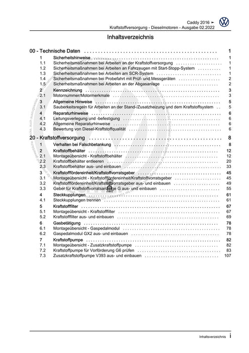 Caddy (2016 - 2020 ) Reparaturanleitung Kraftstoffversorgung - Dieselmotoren