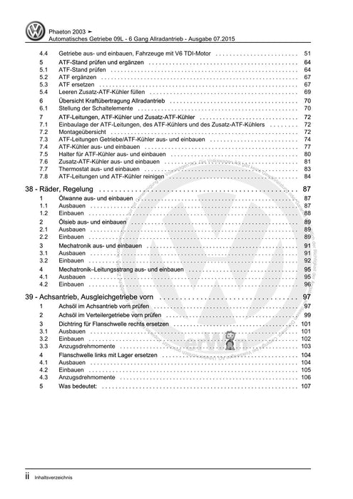 Phaeton (2001 - 2008) Reparaturanleitung Automatisches Getriebe 09L - 6 Gang Allradantrieb