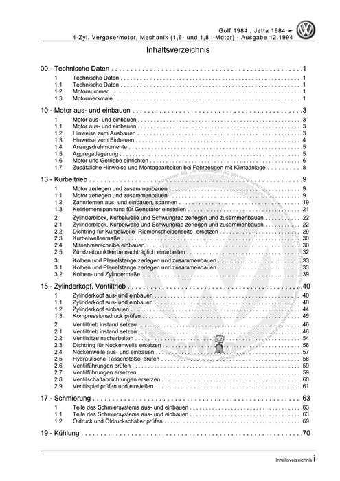 Golf II (1984 - 1989) Reparaturanleitung 4-Zyl. Vergasermotor, Mechanik (1,6- und 1,8 l-Motor)