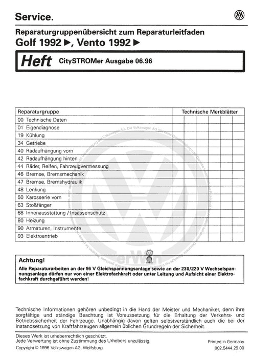 Golf III (1992 - 1999) Golf-Golf Variant-Vento Reparaturanleitung Citystromer