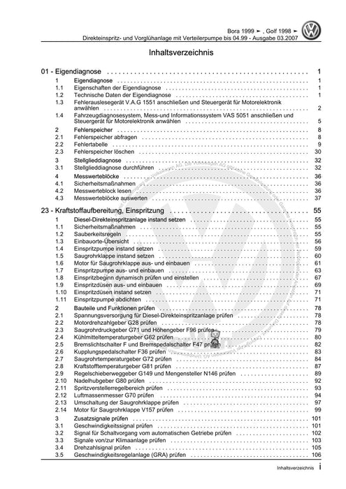 Bora (1999 - 2006) Bora-Bora Variant Reparaturanleitung Direkteinspritz- und Vorglühanlage mit Verteilerpumpe bis 04.99
