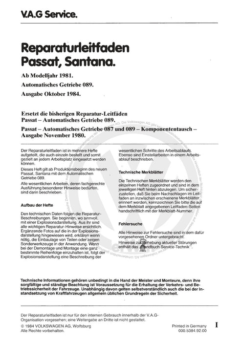 Passat (1974 - 1988) Passat-Passat Variant Reparaturanleitung Automatisches Getriebe 089