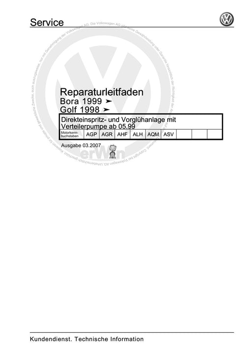 Bora (1999 - 2006) Bora-Bora Variant Reparaturanleitung Direkteinspritz- und Vorglühanlage mit Verteilerpumpe ab 05.99