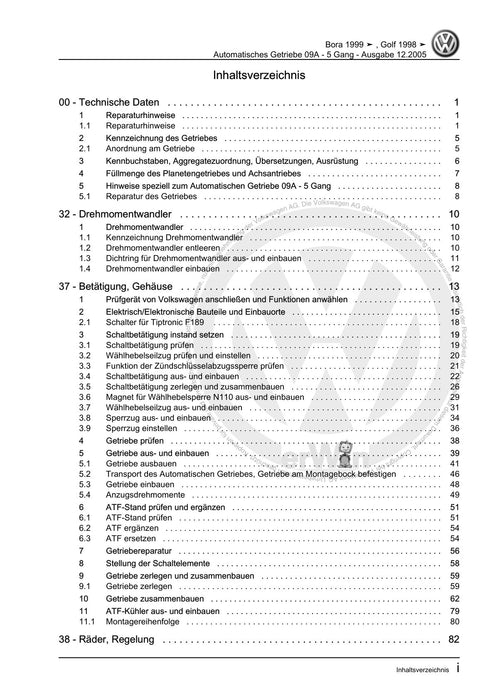 Bora (1999 - 2006) Bora-Bora Variant Reparaturanleitung Automatisches Getriebe 09A - 5 Gang