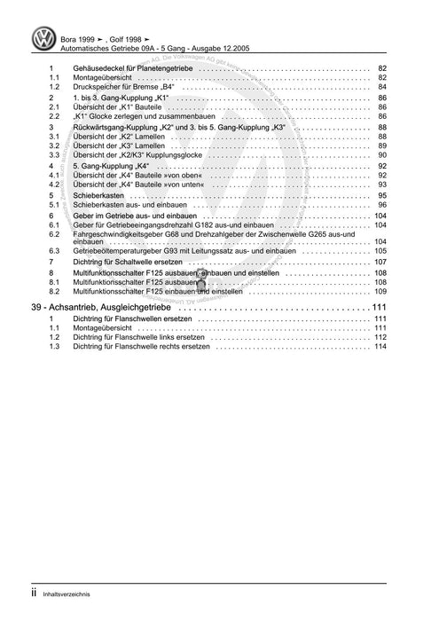 Bora (1999 - 2006) Bora-Bora Variant Reparaturanleitung Automatisches Getriebe 09A - 5 Gang