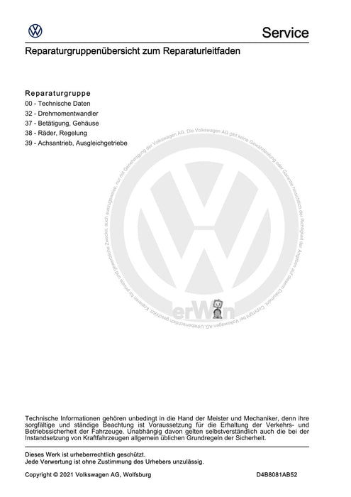 Jetta (2014+) Reparaturanleitung Automatisches Getriebe 09G - 6 Gang