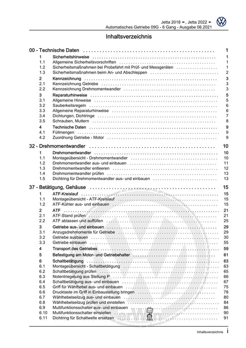 Jetta (2014+) Reparaturanleitung Automatisches Getriebe 09G - 6 Gang