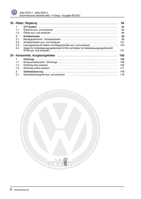 Jetta (2014+) Reparaturanleitung Automatisches Getriebe 09G - 6 Gang