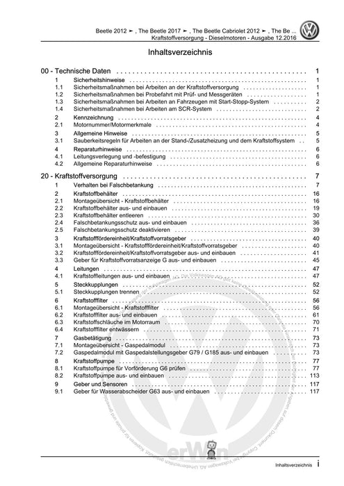 Beetle (2012+) NBL-NBC Reparaturanleitung Kraftstoffversorgung - Dieselmotoren