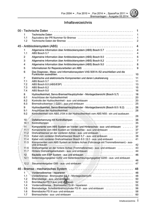 FOX (2004+) Reparaturanleitung Bremsanlagen
