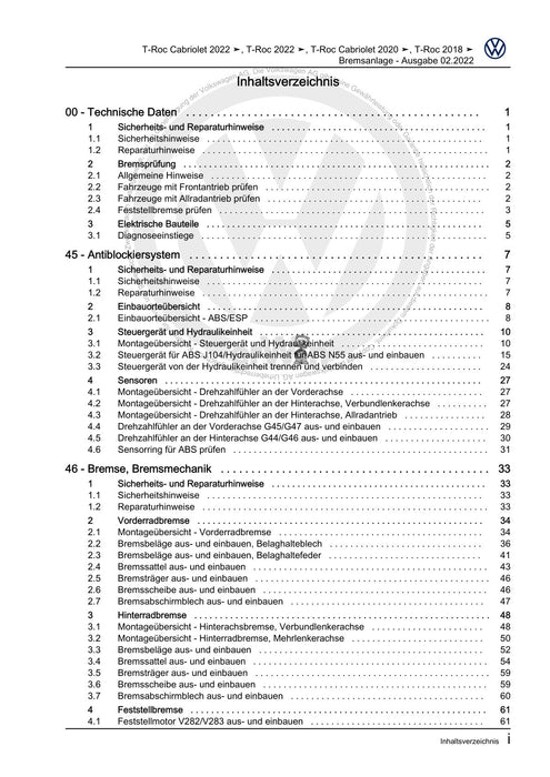 T-Roc (2018 - 2022) Reparaturanleitung Bremsanlage