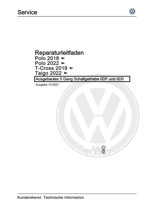 Polo 2022 Reparaturanleitung Ausgebautes 5 Gang Schaltgetriebe 0DF und 0D0