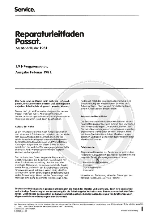Passat (1982 - 1988) Passat-Santana Reparaturanleitung 1,9-l-Vergasermotor WN