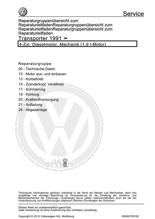 Transporter (1991 - 1996) Reparaturanleitung 4-Zyl. Dieselmotor, Mechanik (1,9 l-Motor)