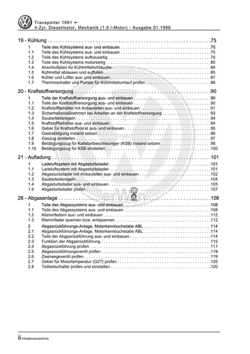 Transporter (1991 - 1996) Reparaturanleitung 4-Zyl. Dieselmotor, Mechanik (1,9 l-Motor)
