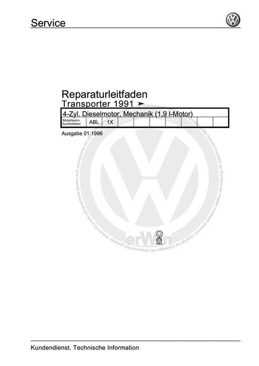 Transporter (1991 - 1996) Reparaturanleitung 4-Zyl. Dieselmotor, Mechanik (1,9 l-Motor)