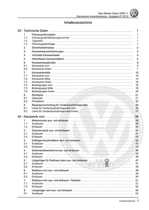 Beetle (1998 - 2010) New Beetle-Cabrio Reparaturanleitung Karosserie-Instandsetzung