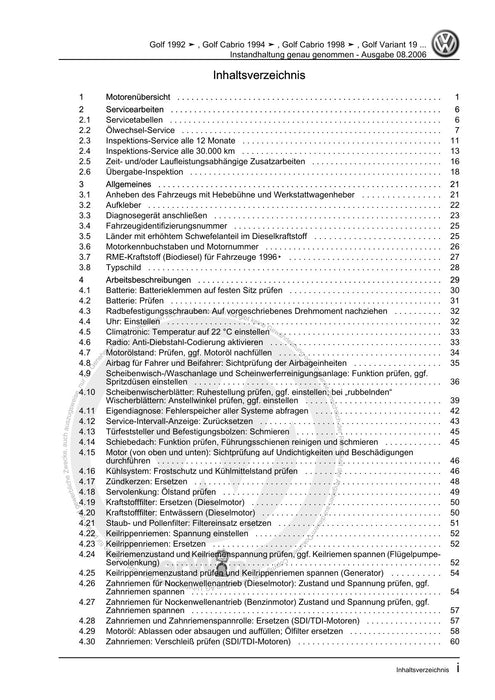 Golf Cabriolet (1994 - 2002) Maintenance handbook (IGG) Instandhaltung genau genommen