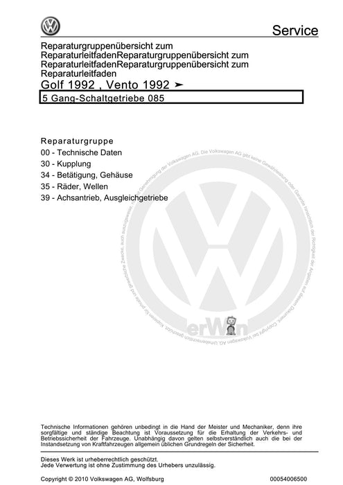 Golf III (1992 - 1999) Golf-Golf Variant-Vento Reparaturanleitung 5 Gang-Schaltgetriebe 085