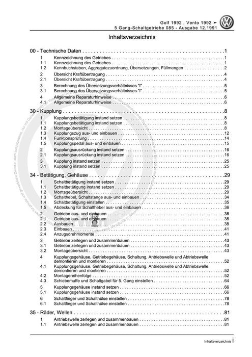 Golf III (1992 - 1999) Golf-Golf Variant-Vento Reparaturanleitung 5 Gang-Schaltgetriebe 085