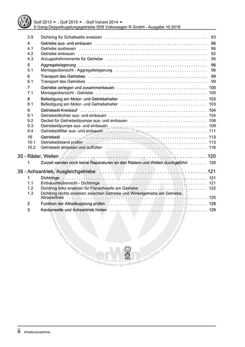 Golf VII (2013+2020)+Golf-Variant-Sportsvan Reparaturanleitung 6 Gang-Doppelkupplungsgetriebe 0D9 Volkswagen R GmbH