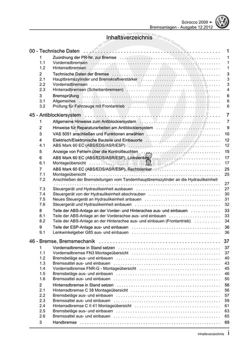 Scirocco (2008 - 2015) Reparaturanleitung Bremsanlagen