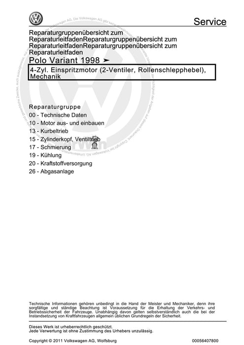 Caddy (1996 - 2003) Caddy Kasten-Kombi Reparaturanleitung 4-Zyl. Einspritzmotor (2-Ventiler, Rollenschlepphebel), Mechanik
