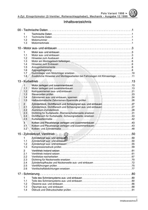 Caddy (1996 - 2003) Caddy Kasten-Kombi Reparaturanleitung 4-Zyl. Einspritzmotor (2-Ventiler, Rollenschlepphebel), Mechanik
