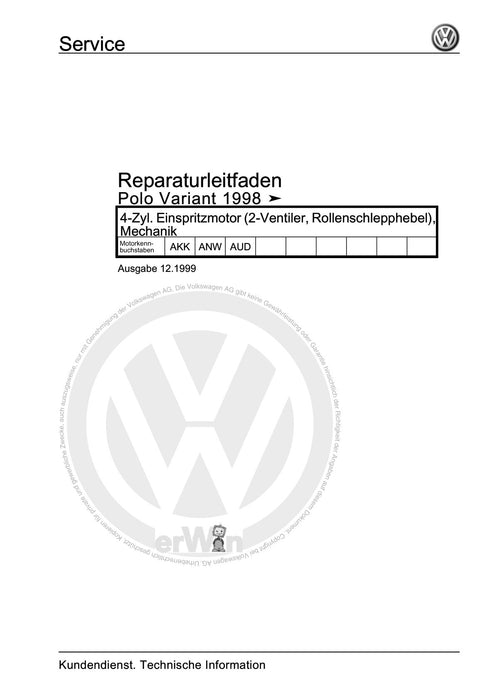 Caddy (1996 - 2003) Caddy Kasten-Kombi Reparaturanleitung 4-Zyl. Einspritzmotor (2-Ventiler, Rollenschlepphebel), Mechanik