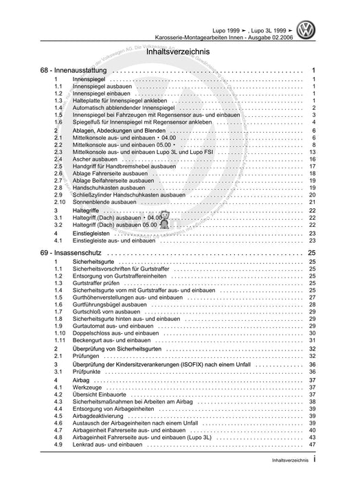 Lupo (1998 - 2006) Reparaturanleitung Karosserie-Montagearbeiten Innen