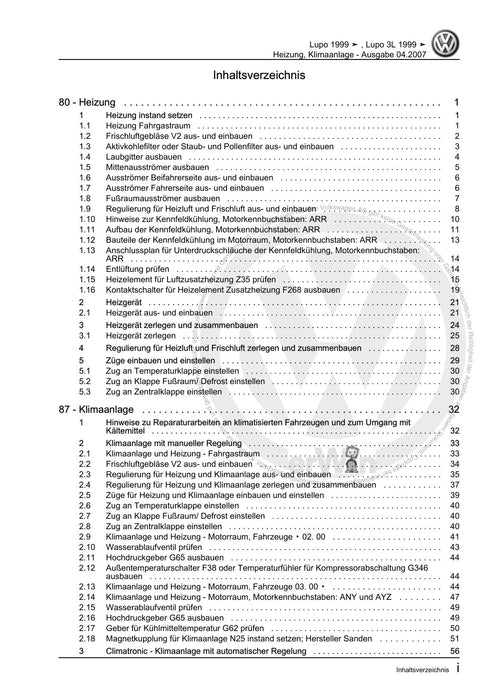 Lupo (1998 - 2006) Reparaturanleitung Heizung, Klimaanlage