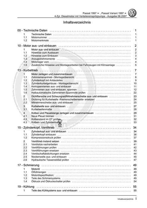 Passat (1997 - 2005) Passat-Passat Variant Reparaturanleitung 4-Zyl. Dieselmotor mit Verteilereinspritzpumpe