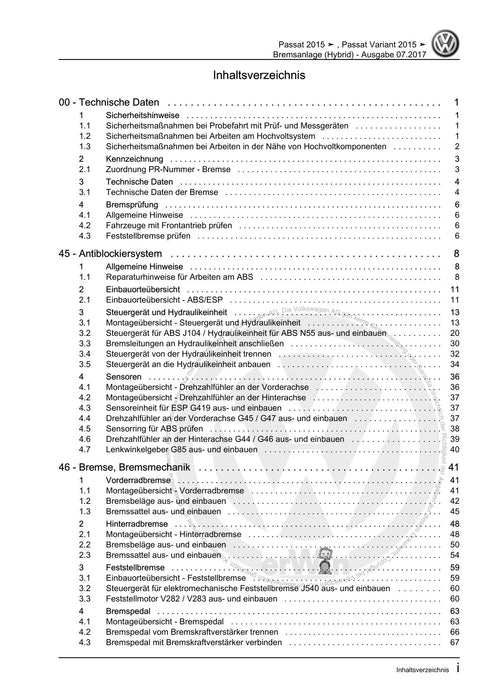 Passat (2011+) Passat-Passat Variant Reparaturanleitung Bremsanlage (Hybrid)