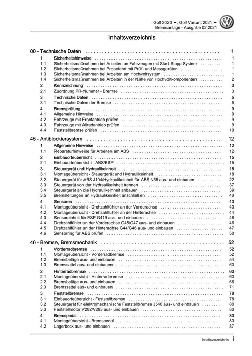 Golf VIII (2020+)+Golf-Variant-Sportsvan Reparaturanleitung Bremsanlage