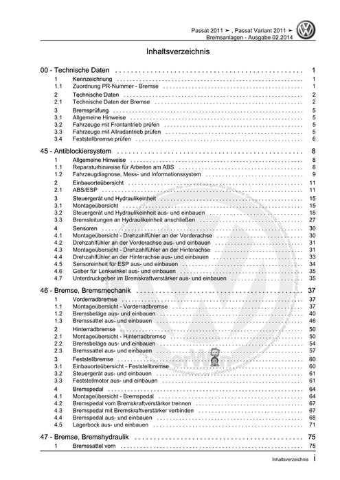 Passat (2011+) Passat-Passat Variant Reparaturanleitung Bremsanlagen