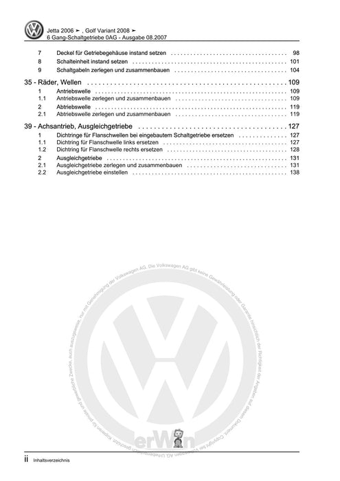 Golf V (2004 - 2007) Golf-Golf Variant-Golf Plus-Jetta Reparaturanleitung 6 Gang-Schaltgetriebe 0AG