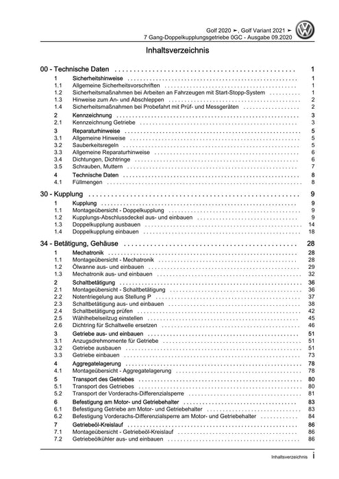Golf VIII (2020+)+Golf-Variant-Sportsvan Reparaturanleitung 7 Gang-Doppelkupplungsgetriebe 0GC