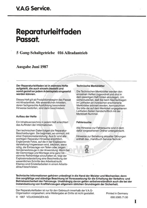 Passat (1982 - 1988) Passat-Santana Reparaturanleitung 5-Gang-Schaltgetriebe 016 Allradantrieb
