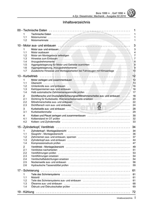 Golf IV (1998 - 2006) Golf-Golf Variant-Bora-Bora Variant Reparaturanleitung 4-Zyl. Dieselmotor, Mechanik