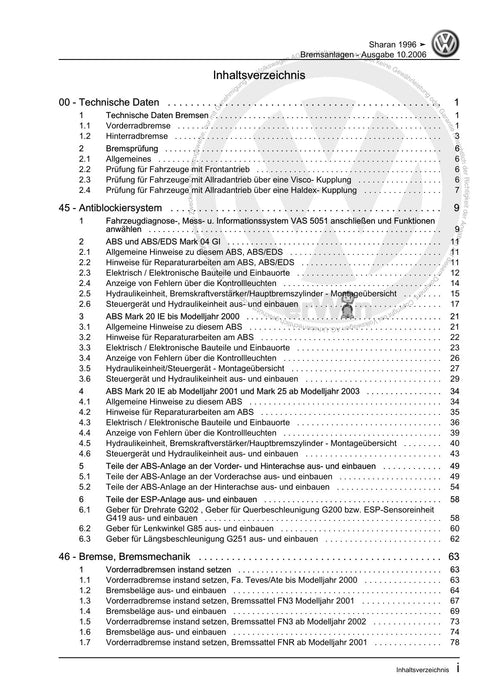 Sharan (1995 - 2010) Reparaturanleitung Bremsanlagen