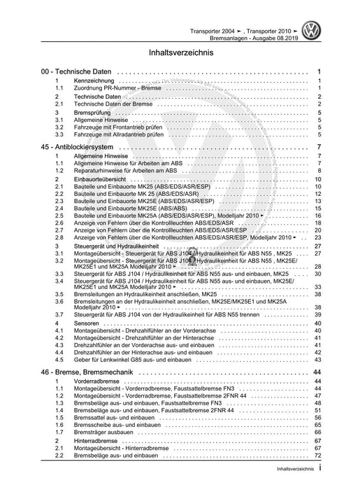 Transporter (2003 - 2007) Reparaturanleitung Bremsanlagen