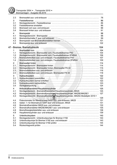 Transporter (2003 - 2007) Reparaturanleitung Bremsanlagen