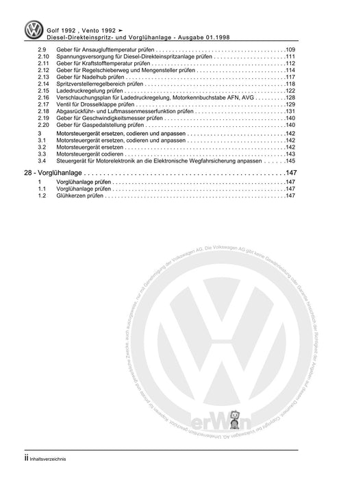 Golf III (1992 - 1999) Golf-Golf Variant-Vento Reparaturanleitung Diesel-Direkteinspritz- und Vorglühanlage